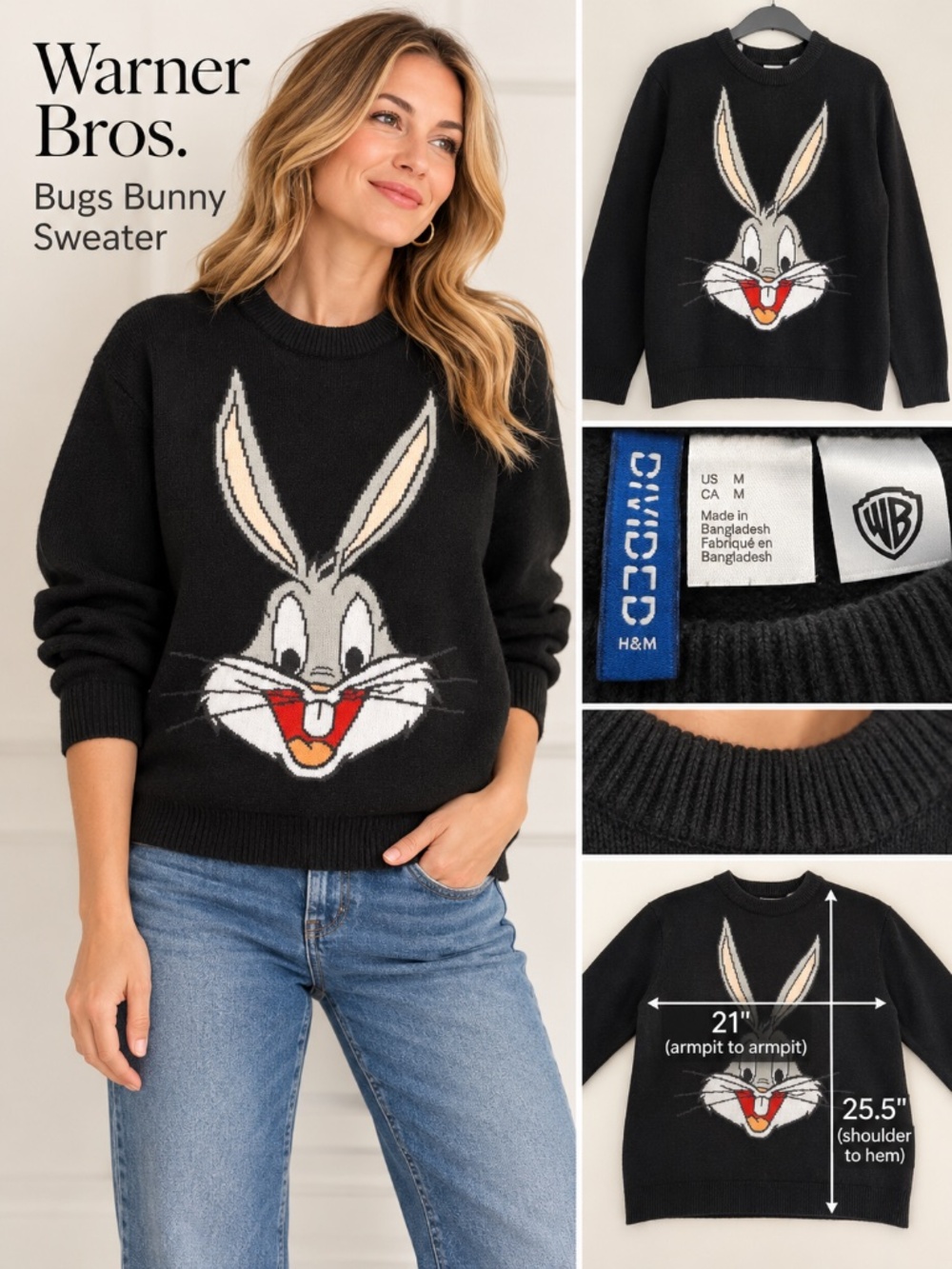 H&M Divided Warner Bros. Bugs Bunny Black Knit Sweater Size M